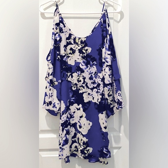 Parker Agave Indigo Floral Cold Shoulder Bell Sleeve Silk Mini Dress/Tunic Top - Picture 2 of 7